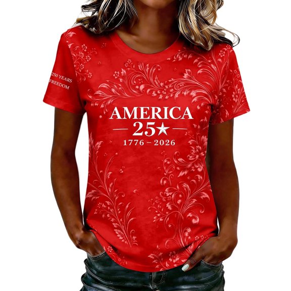 WAYUTE Women's 250th Anniversary USA Shirt Us National Flag Casual Fashion Printed Crewneck Short Sleeve Shirts 4th of July T Shirts