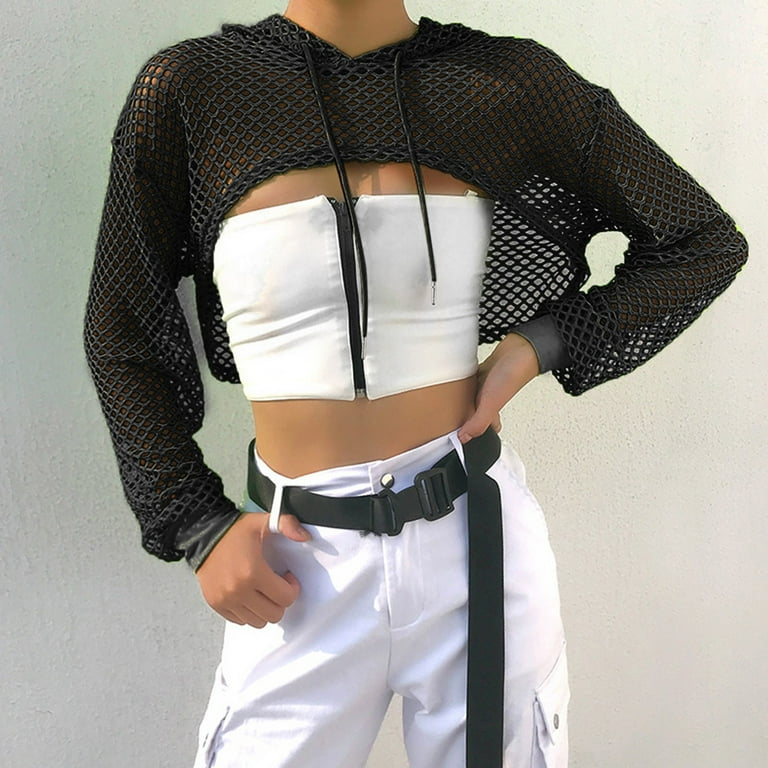 Women s Sexy Fashion Crop Tops Fishnet Hollow Out Hoodies Lace Up Mesh Hooded Sweatshirts Long Sleeve See Through Summer Hoodie Walmart