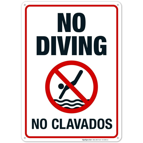 No Diving Sign, Bilingual English Spanish, 10x14 Aluminum