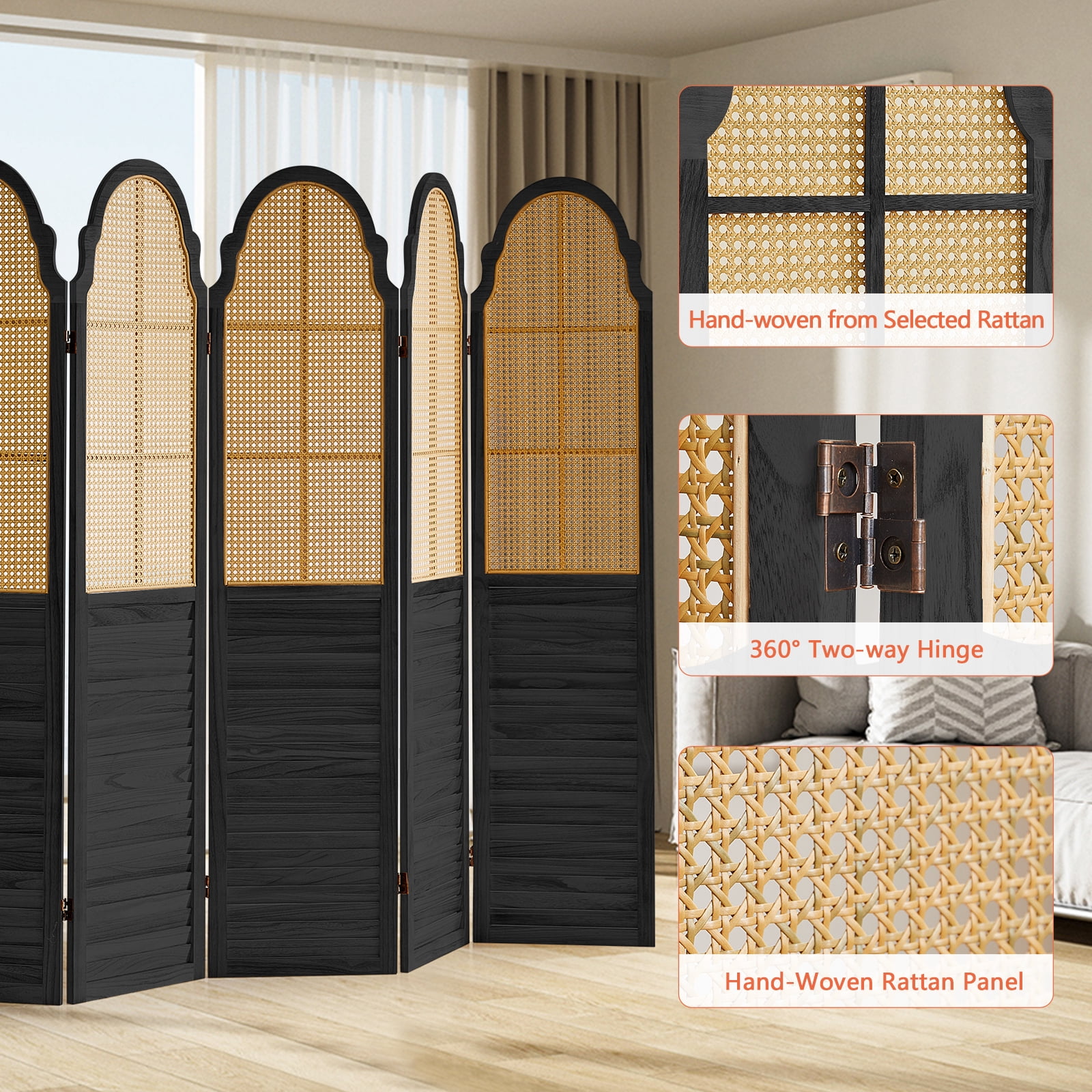 Aletheiawu 6 Panel Rattan Room Divider, Foldable Privacy Screen, No Installation Required, Black