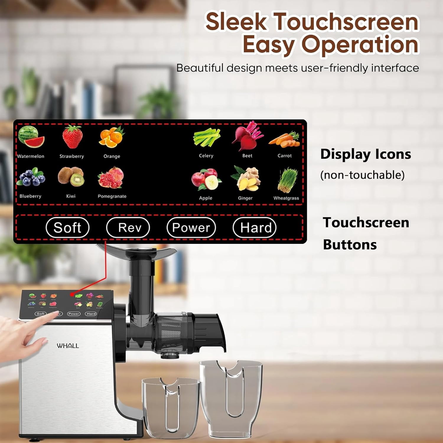 WHALL Masticating Slow Juicer, Grey - 2 Speed Modes, Touchscreen Control, Easy Clean, Cold Press Juicer for Fruits and Vegetables