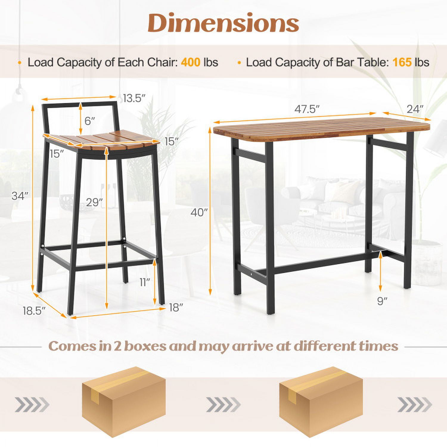 Aimee Lii 5 Piece Acacia Wood Bar Table Set Bar Height Table and Chairs with Metal Frame and Footrest, Outdoor Patio Furniture