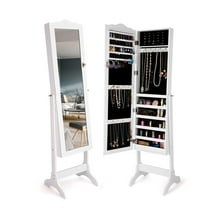 Giantex Jewelry Box Armoire w/Mirror, Standing Jewelry Cabinet, Makep Display Storage Organizer Gift Armoires for Girls Women (White)