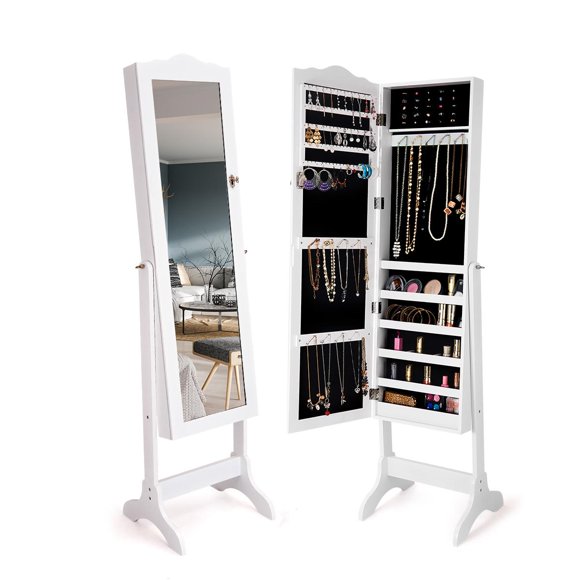 Giantex Jewelry Box Armoire with Mirror, Standing Jewelry Cabinet, 29 Necklace Holder Hooks Ring Earring Makep Display Storage Organizer Gift Armoires for Girls Women Jewelry Cabinets (White)