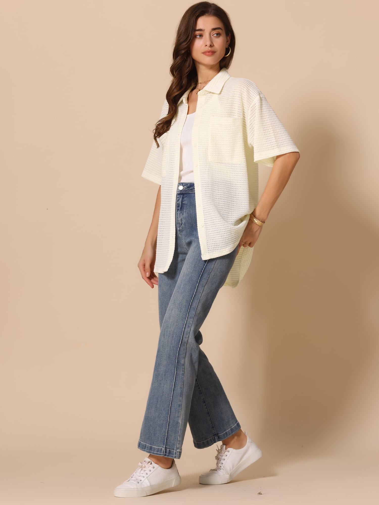 DARING DIVA Women's Short Sleeve Waffle Knit Summer Shirts Tops L Beige