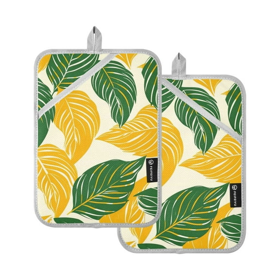 Pot Holders Set of 2 Heat Resistant 338℉ Kitchen Oven Gloves Potholder Cooking Baking Microwave Mitts Retro Leaf