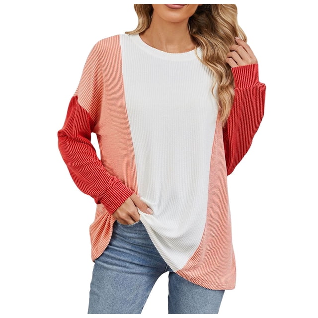 HUITKMM Tshirts 2024 Autumn and Winter Color Contrast Long Sleeve Loose Thread Stitching T Shirt