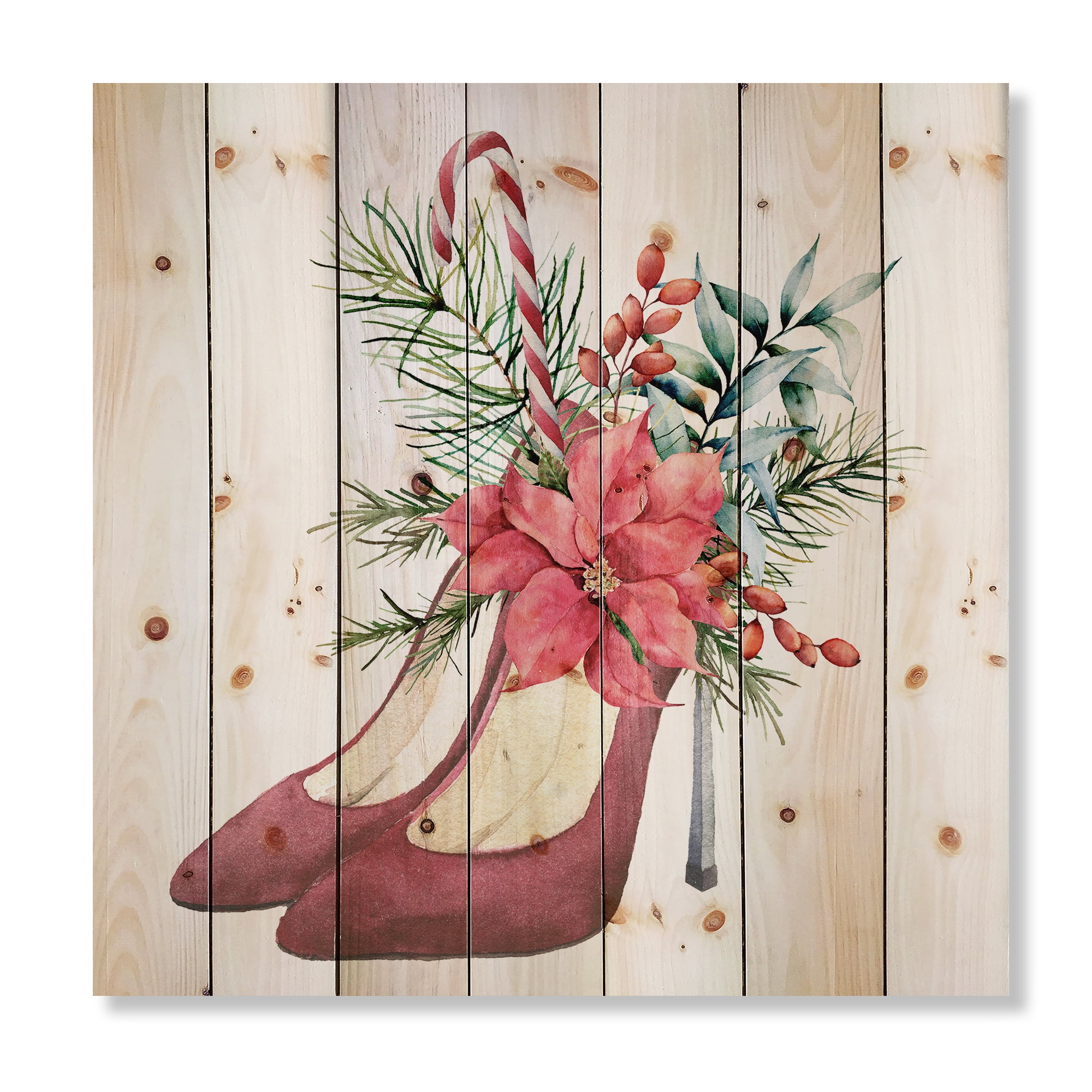 Designart 'Red Suede Heeled Shoes With Christmas Red Floral Decor' Traditional Print on Natural Pine Wood