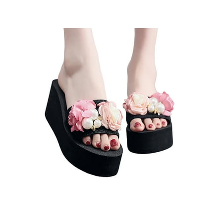 

Daeful Women Slippers Anti-Slip Flower Decoration Open Toe Wedge Beach Breathable Shoes