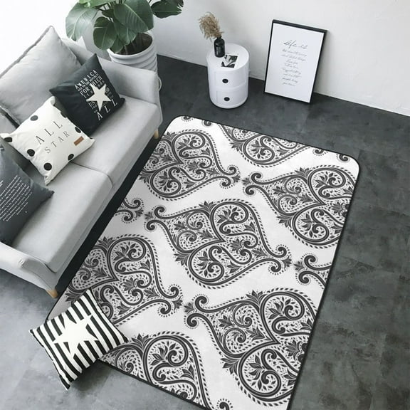 Area Rugs For Living Room Decor - Paisley Pattern Black White Soft Anti Slip Throw Washable Rugs 5x7 For Bedroom, Indoor Carpet For Bedroom Living Room 80x58In