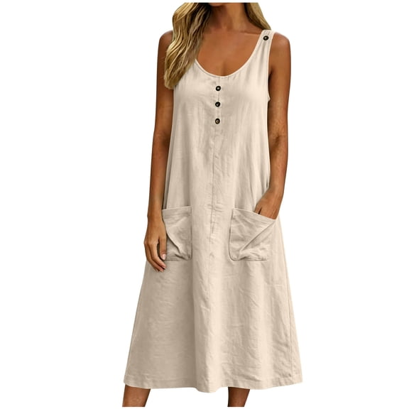 Dvprdro Button Front Linen Midi Dress for Women Crewneck Sleeveless Side Pockets Loose Fit A Line Solid Summer