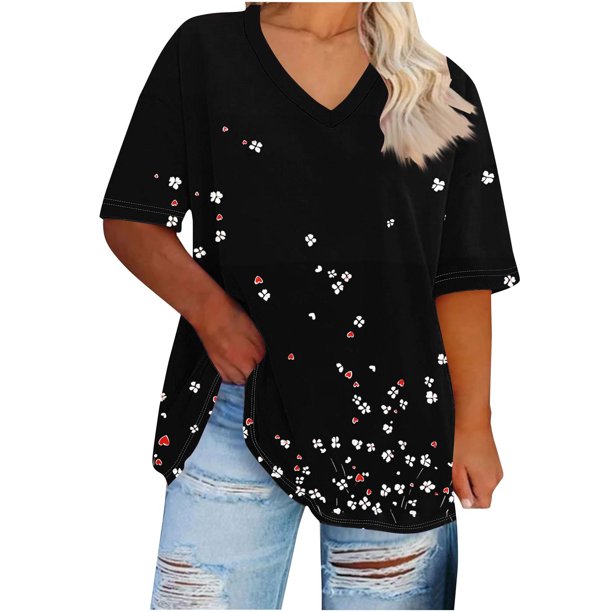 Hecho para Más Camisa de las Mujeres, Manga Corta con Cuello en V de Tamaño Más Grande, Camisa de Base de Impresión para las Mujeres