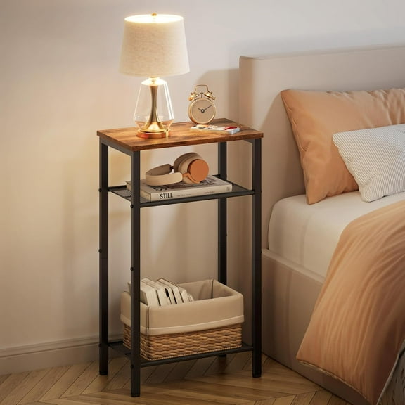 2-Set 3 Tier End Table, Telephone Table Set of 2, Tall Side Table with Storage Set of 2, Small Nightstand for Small Spaces, Metal Frame, for Living Room, Bedroom, Sofa Couch, Rustic Brown