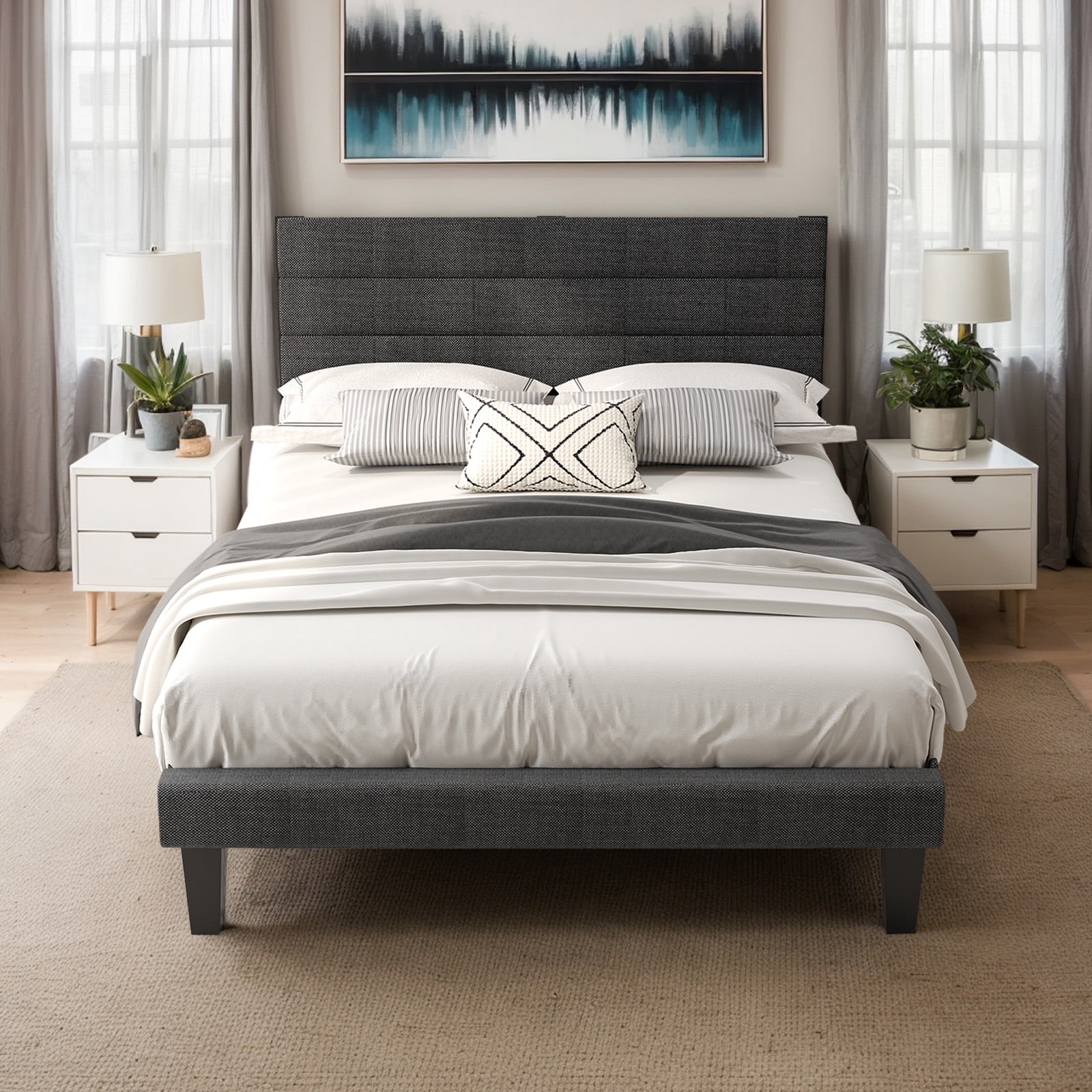 Ktaxon Upholstered Twin Size Bed Frame, Platform Bed  with Headboard, Gray
