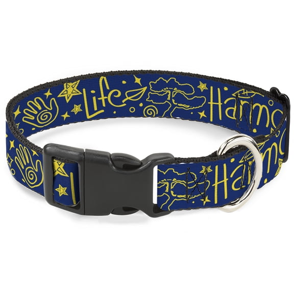 Buckle-Down Pet Collar, Dog Collar Plastic Buckle, Harmony Balance Life Icons Collage Blue Yellow, 7 to 8.5 Inches 0.5 Inch Wide