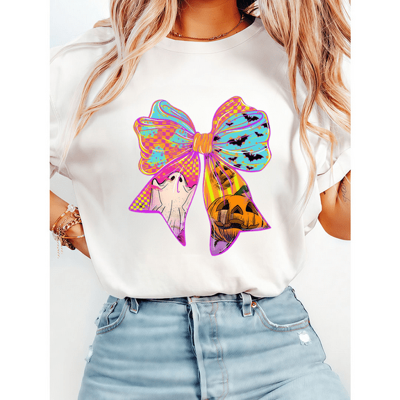 Neon Bow Print Tshirts Cute Ghost/Boo/Spooky Graphic Tees Coquette Halloween Casual Short Sleeve Tops for Daily Outfits White,M