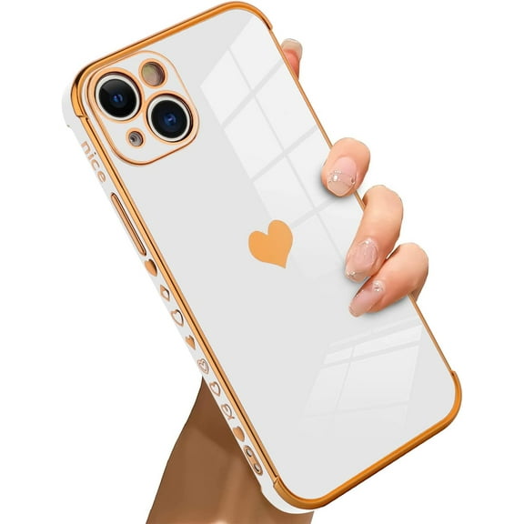 Compatible with iPhone 13 Case Love Heart Plating Electroplate Luxury Elegant Case Camera Protector Soft TPU Shockproof Protective Corner Back Cover iPhone 13 Case -White