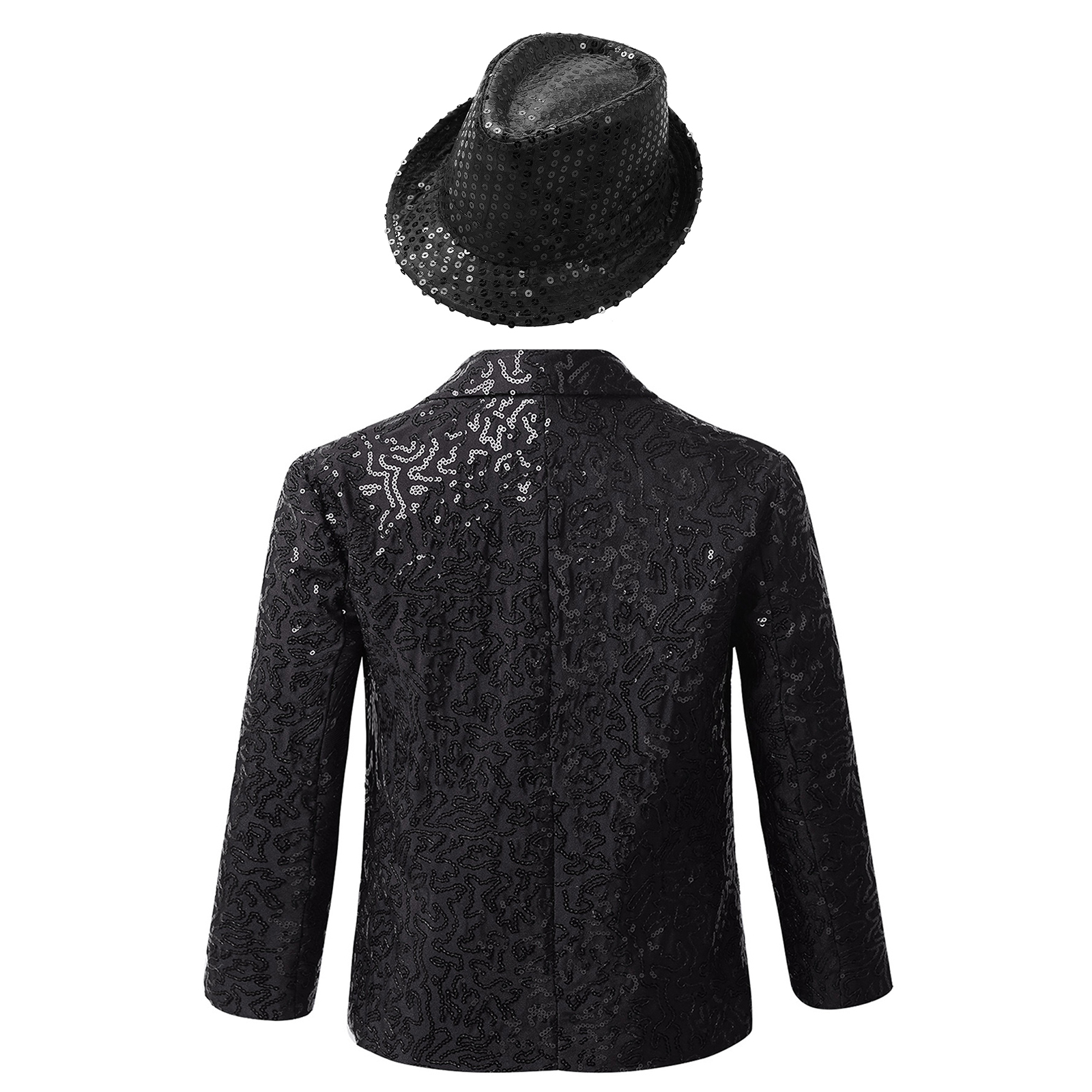MSemis Kids Boys Shiny Sequin Suit Jacket Party Blazer Dance Tuxedo Costume with Hat,Size 6-16 Black 10 - image 2 of 6