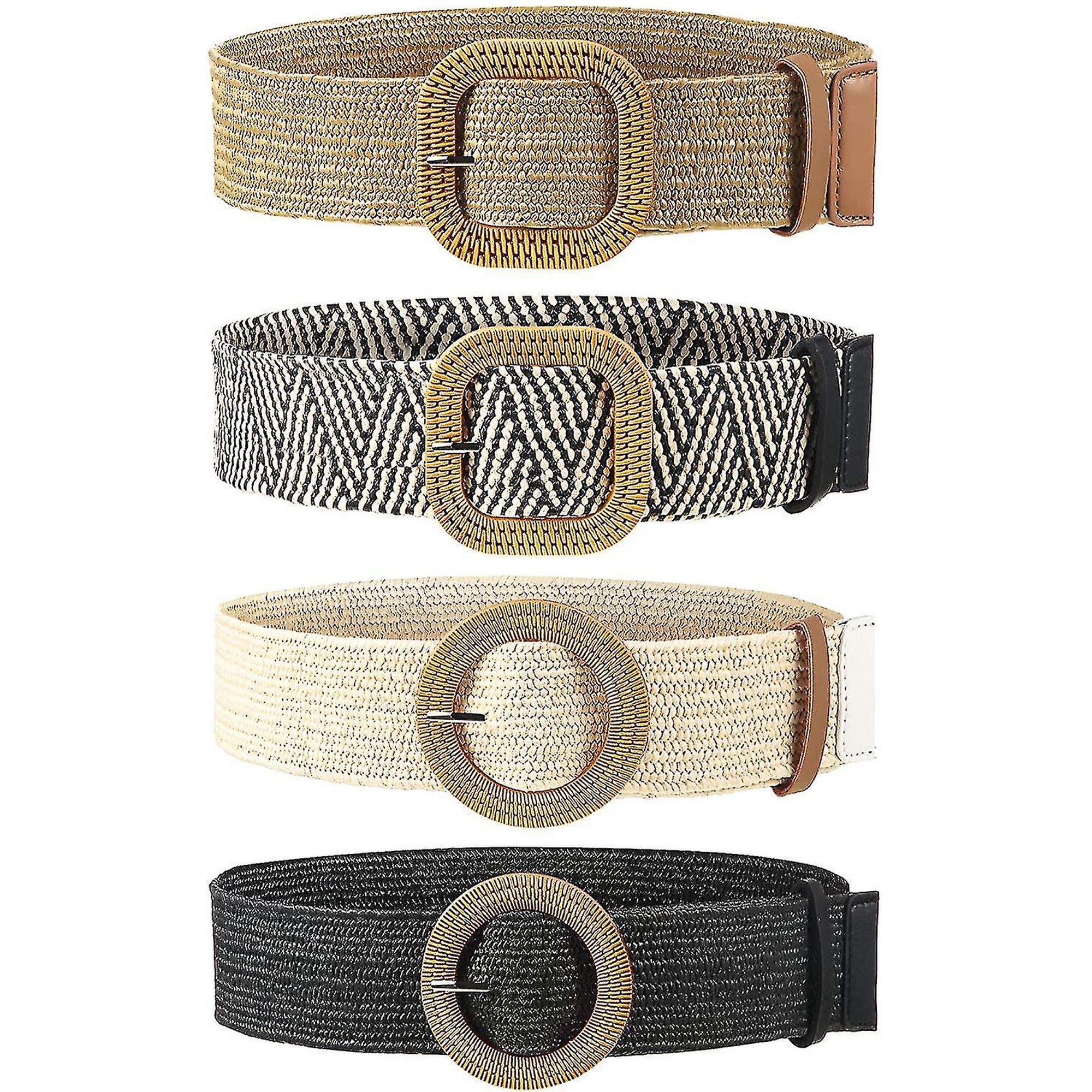4 Pieces Straw Woven Elastic Stretch Waist Belt Women Skinny 
