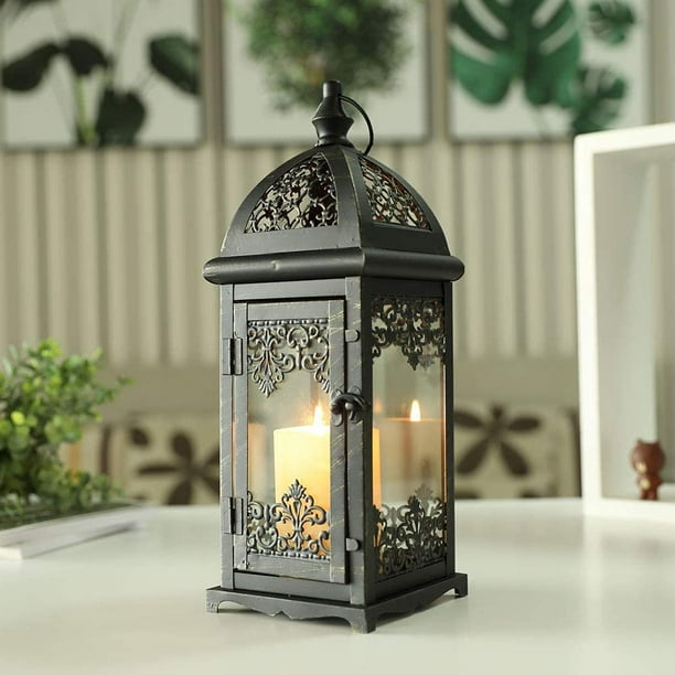 Farol decorativo para velas, de metal, de 38 cm de alto, estilo vintage, para colgar en interiores y exteriores, eventos, fiestas y bodas (negro).