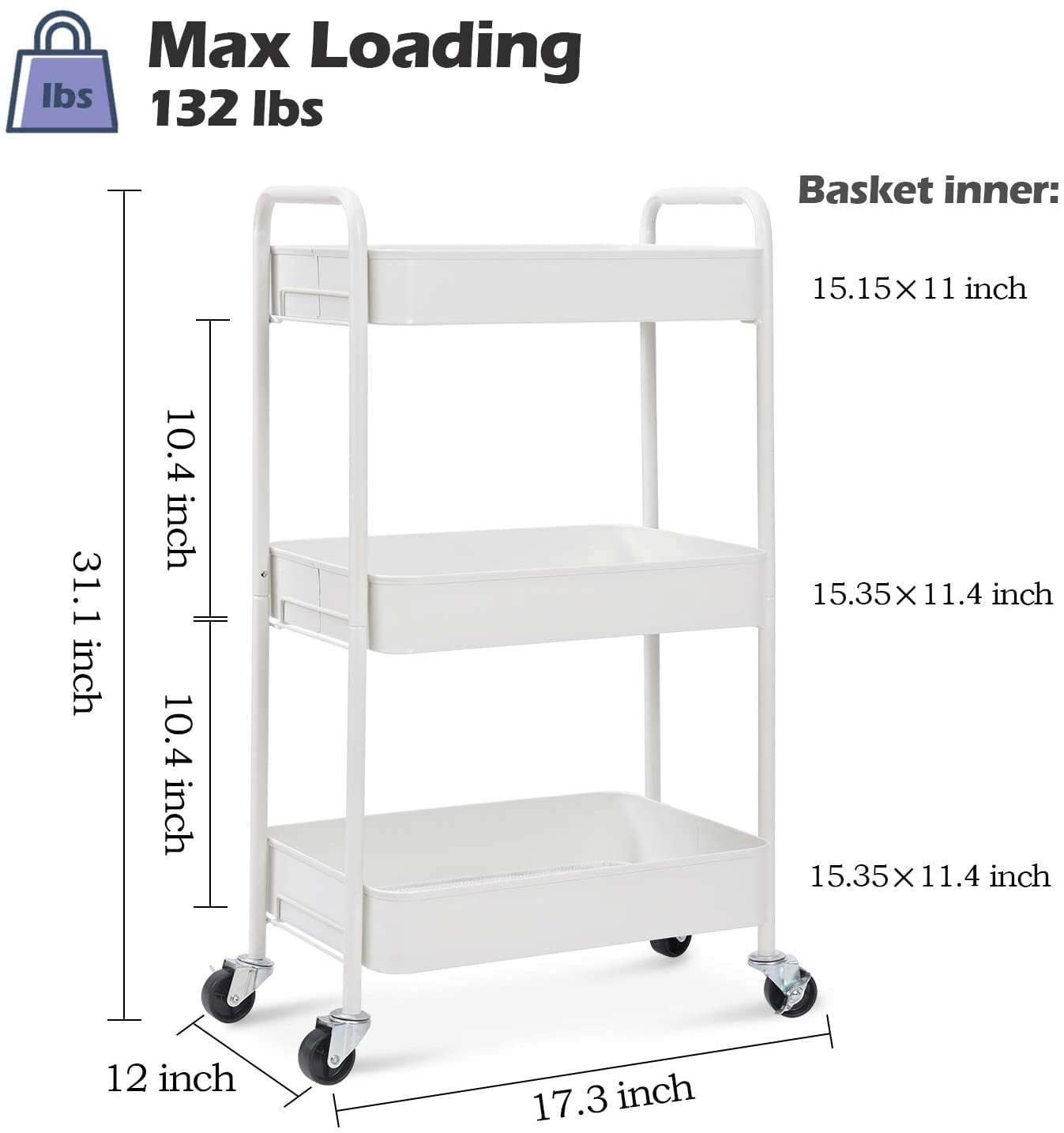 KK KINGRACK 3-Tier Rolling Cart, Metal Utility Cart with Wheels ,Office School Organizer, White