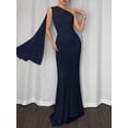 thumbnail image 2 of Navy Blue Asymmetrical One-Shoulder Ruched Bodycon Maxi Dress For Formal Evening Events, 2 of 7
