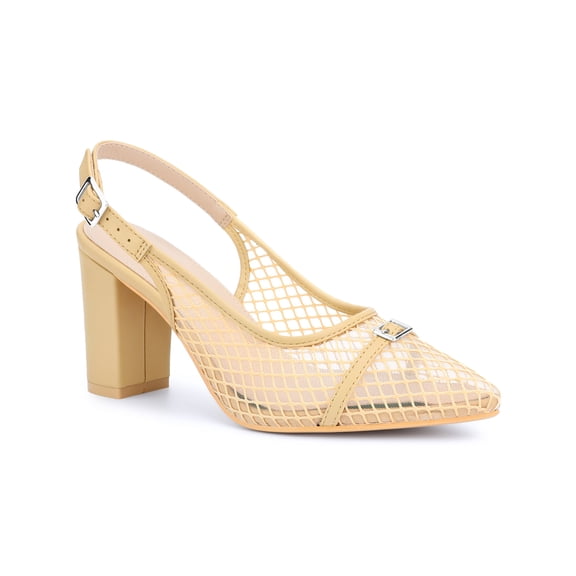 BLISSFUL STEP Women's Mesh Heel Sandals Slingback Strap Chunky Heel Pumps Beige (Size 5.5)