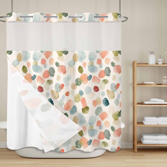 Watercolor Dot No Hook Shower Curtain with Snap in Liner, Minimalist Soft Sage Green Blue Pink Ditsy Floral Waterproof Shower Curtains with See Through Top Window Liner for Bathroom, 72x72 Inches