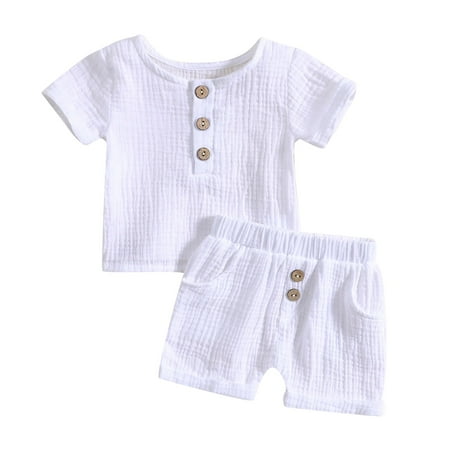 

Baby Unisex Spring Summer Solid Button Cotton Short Sleeve Tshirt Shorts Outfits Clothes Kids And Teens
