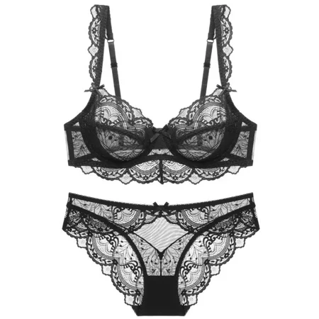 XiaoBanDeng Sexy lingerie for women  ultra-thin hollow  sponge free  transparent lace lingerie  large chest and small size bra set