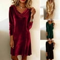 thumbnail image 2 of Quixlent Women's Velvet Dresses Cowl Neck Long Sleeve Party Cocktail Mini Dress Retro Velour Wedding Guest Dress, 2 of 7