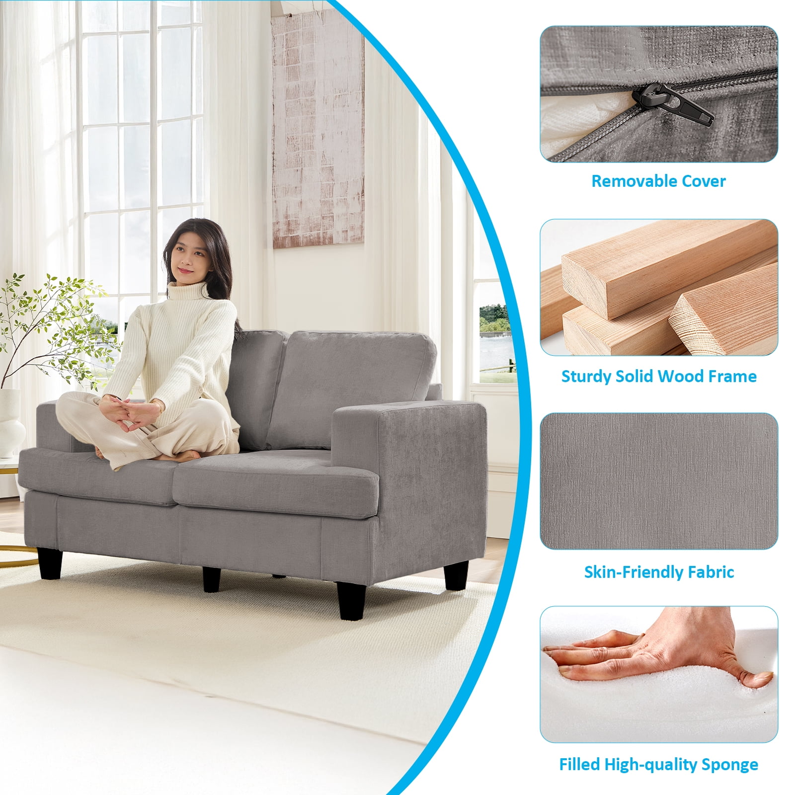 Puremind 3 Piece Living Room Furniture Sets, Sofa and Loveseat Set with Armchair, Chenille Sectional Couches and Sofas Sets for Apartment/Small Spaces, Light Gray