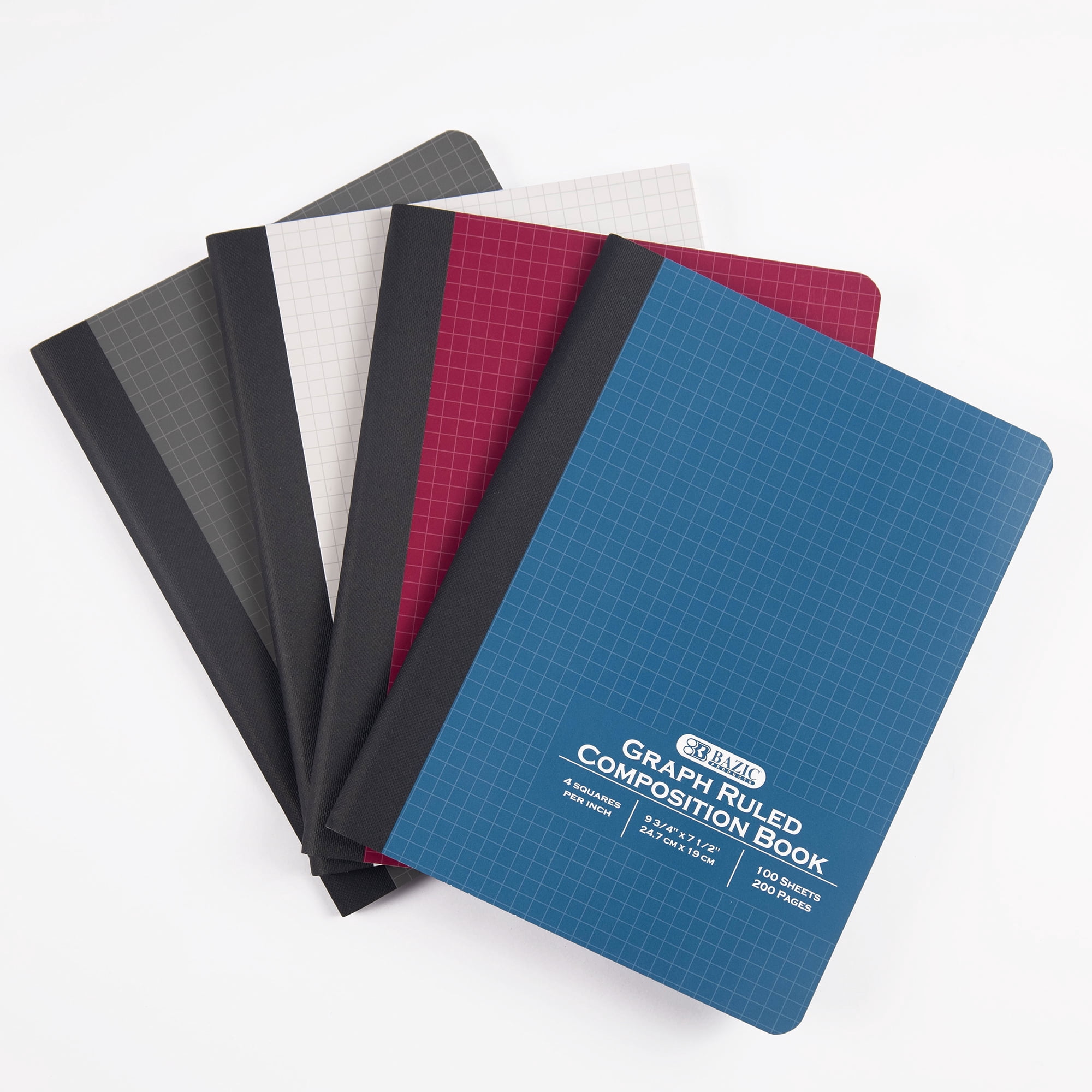 BAZIC Products Quad Ruled Composition Notebook, Quad Rule 4 Squares per Inch, 9.75 x 9.75 Inches, 4x4 Graph Ruled Paper Notebooks, 100 Sheets, Assorted Color Cover, 48 Pack