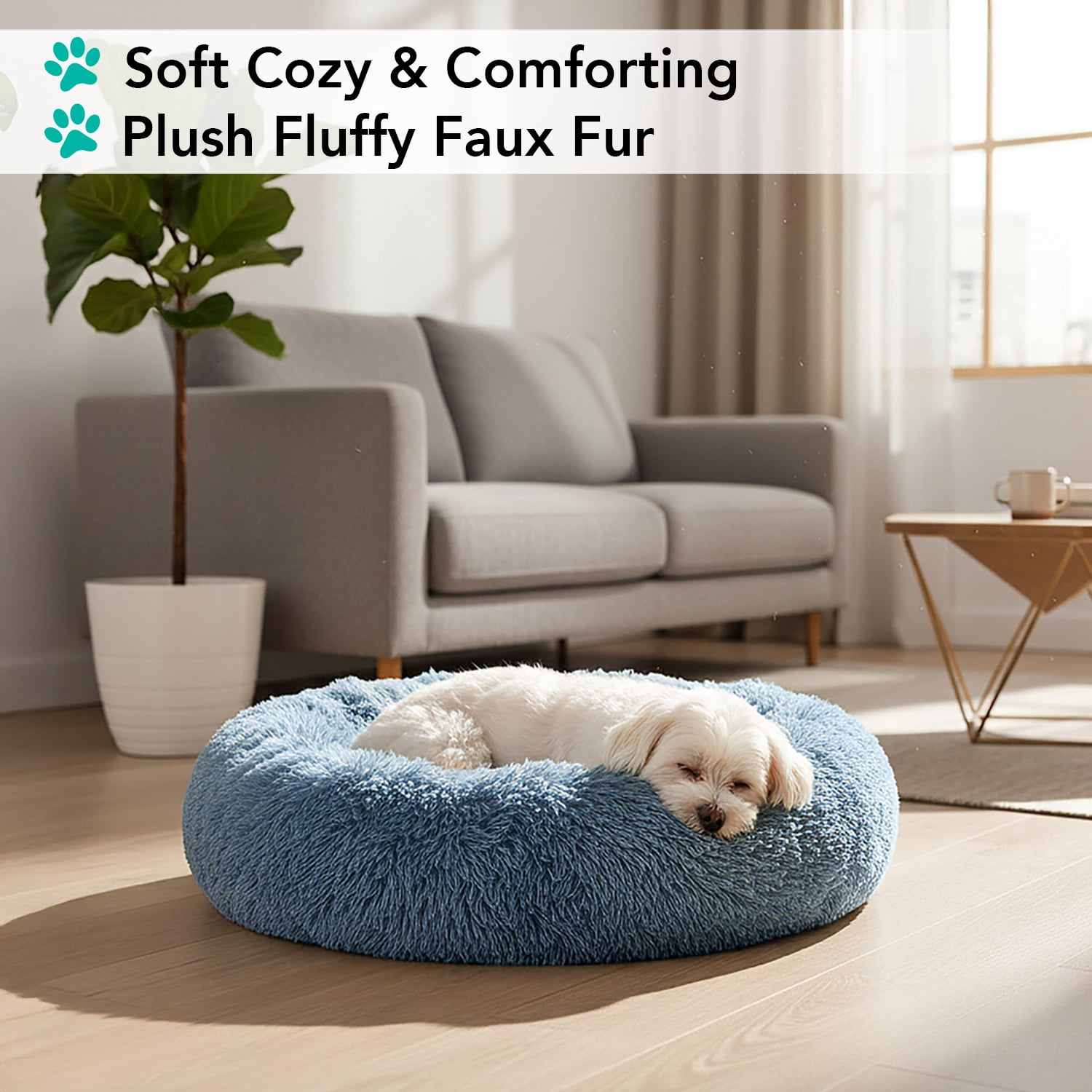 PetAmi Calming Dog Bed for Small & Medium Dogs and Cats, 23 Round Donut Dog Bed, Washable Fluffy Faux Fur Puppy & Cat Bed, Anti-Anxiety Plush Cuddler Pet Bed with Anti-Slip Bottom - Blue