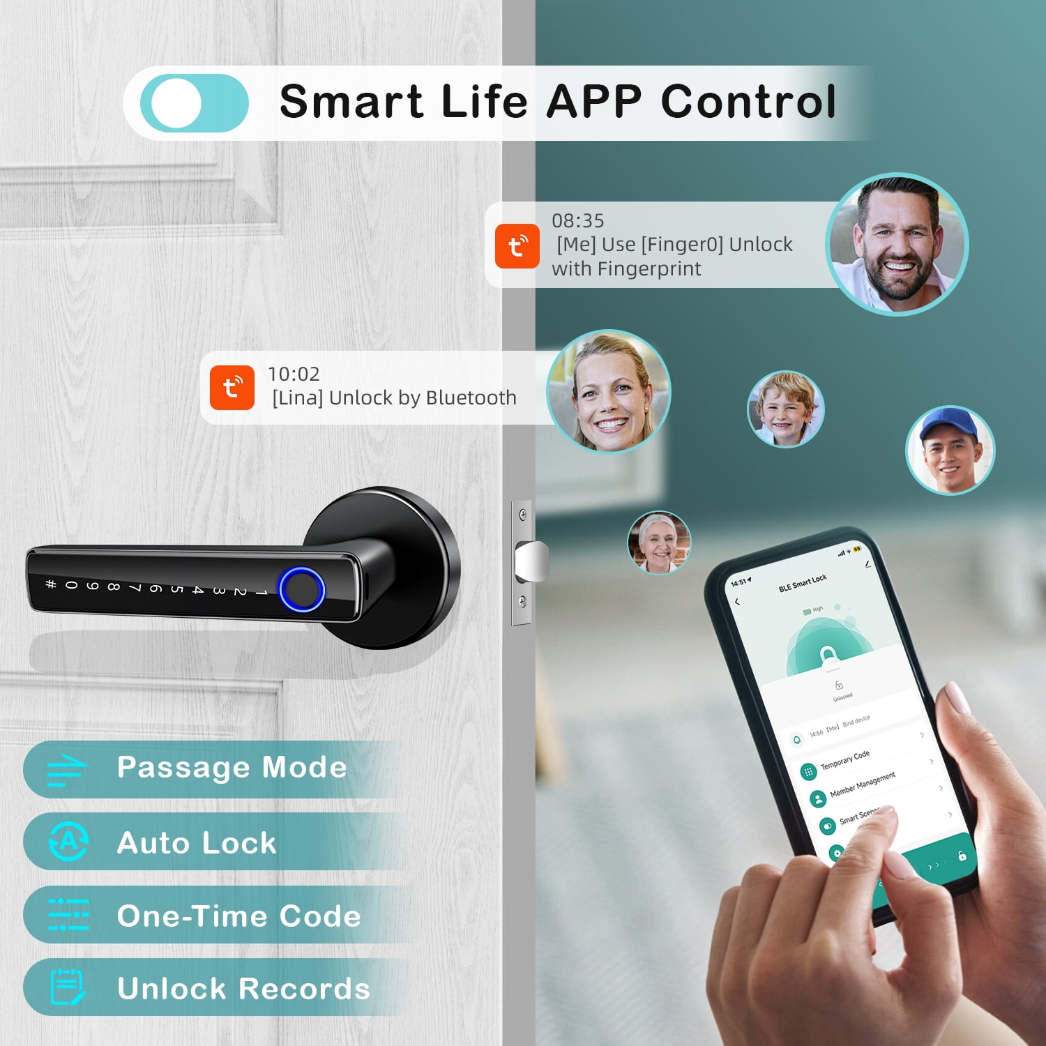 Smart Fingerprint Door Lock, Keyless Entry Front Door Knob,Biometric Door Knob, Code Knob Door Handle Lock with App, Digital Keypad Door Lock for Bedroom, Hotel, Apartment