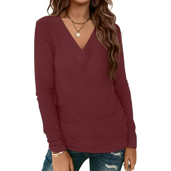 Bliwov Womens Long Sleeve Shirts V Neck T Shirts Dressy Casual 2024 Trendy Basic Tee Fall Tops Fashion Clothes
