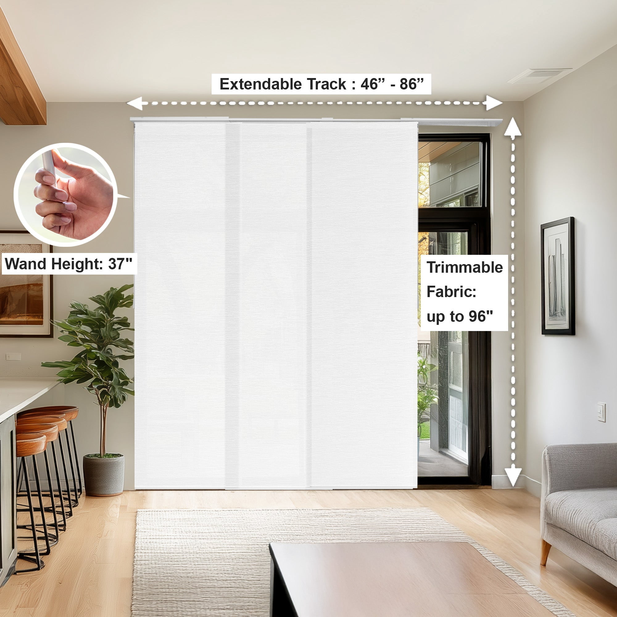 Chicology Adjustable Sliding Panel Blinds. Porcelain, 46"-86"W X 0"-96"H