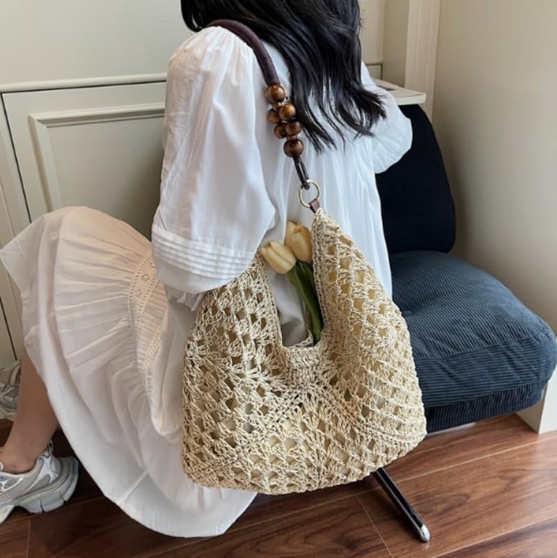 Large Bohemian Handmade Crochet Shoulder Bag – Women’s Summer Straw Woven Tote for Beach, Travel, Casual