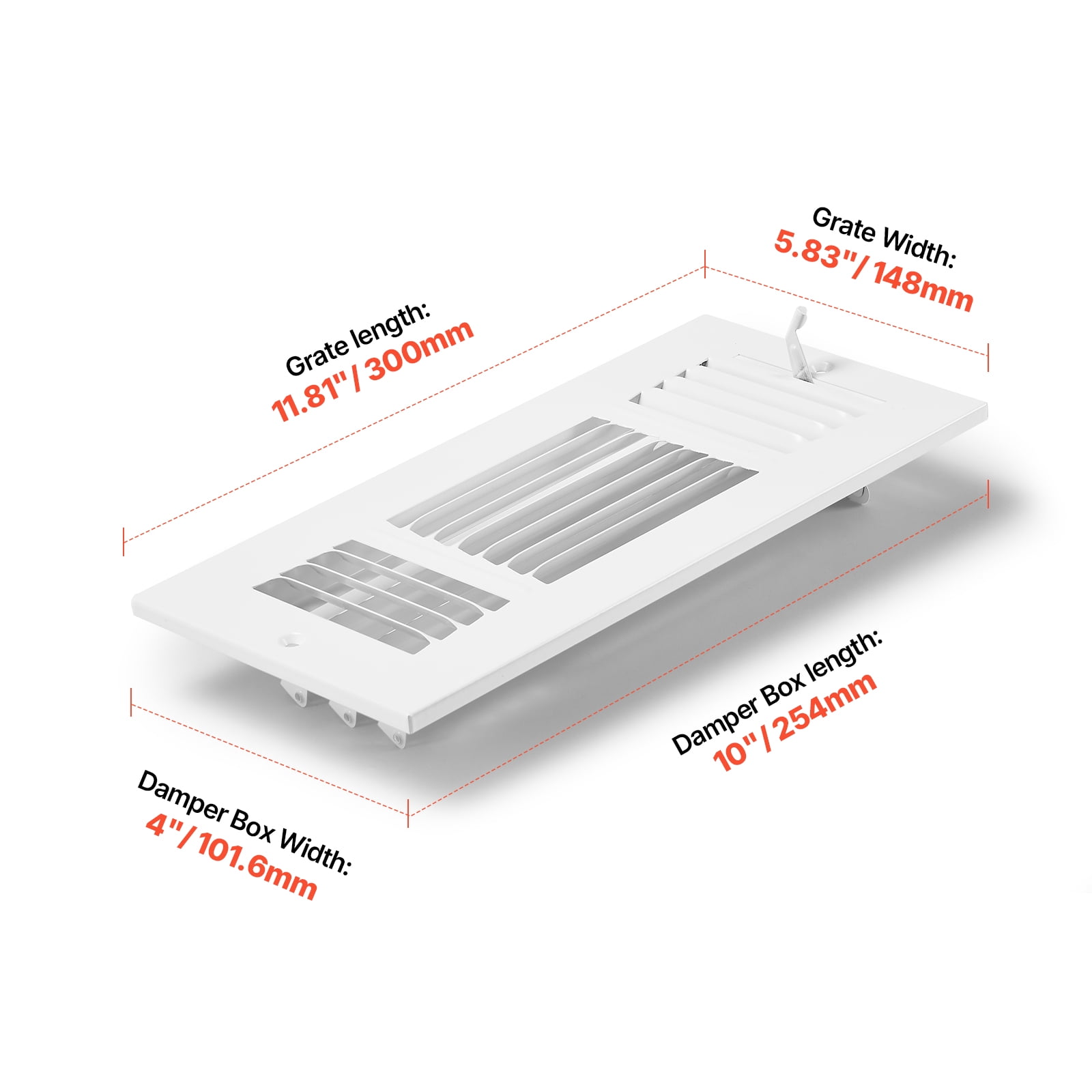 KFFKFF 4x10 Inch Wall Registers, Set of 6, HVAC Triple-Direction Iron Vent Covers for Residential/Commercial Wall & Ceiling, Anti-Corrosion Air Flow Diverter Adjustable with Metal Regulator, White