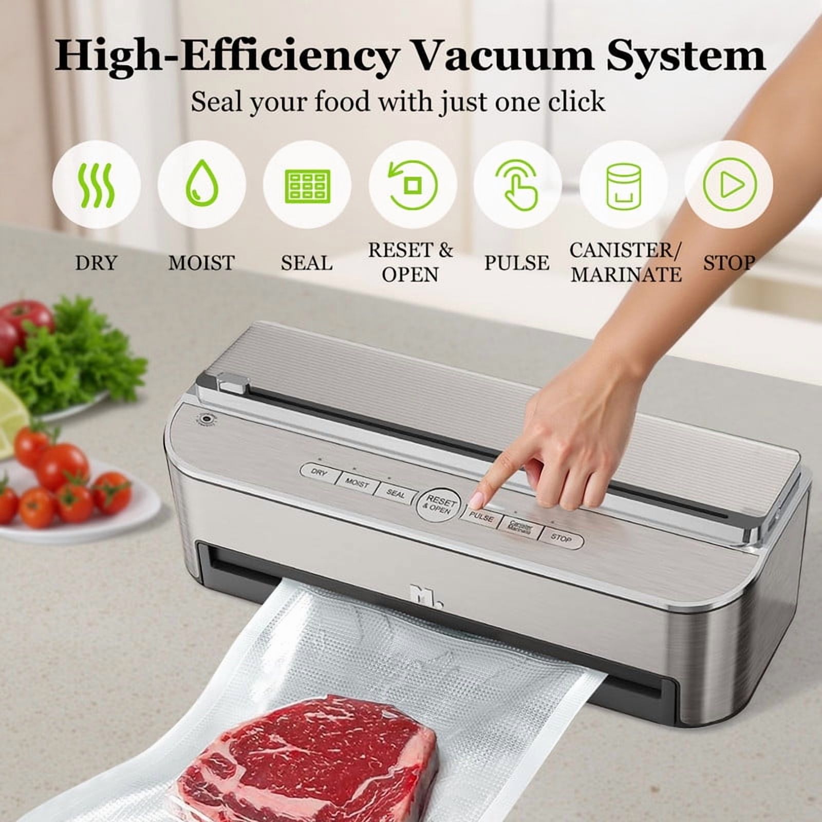 TINKLE WELL Automatic Vacuum Sealer Machine, 120W Powerful Sealing System, Built-in Cutter & Bag Storage, Includes 2 Rolls + 5 Pre-Cut Bags, Moist Mode & Air Suction Hose for Liquid Foods
