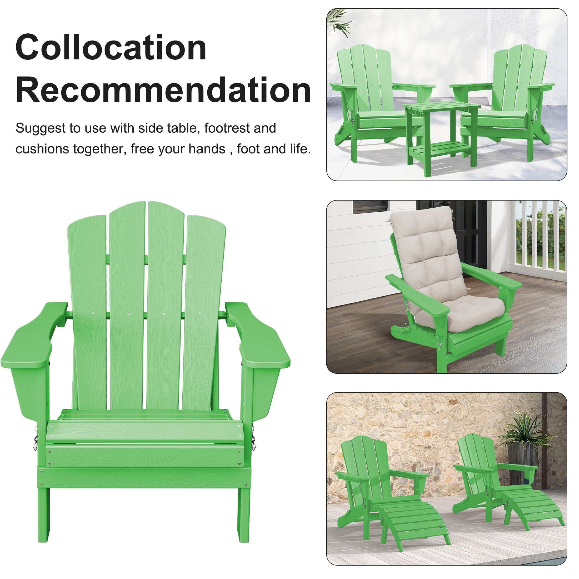 JUSTLET Adirondack Chair, Plastic Folding Outdoor Patio Chairs, Outside HDPE Chairs for Lawn, Yard, Light Green