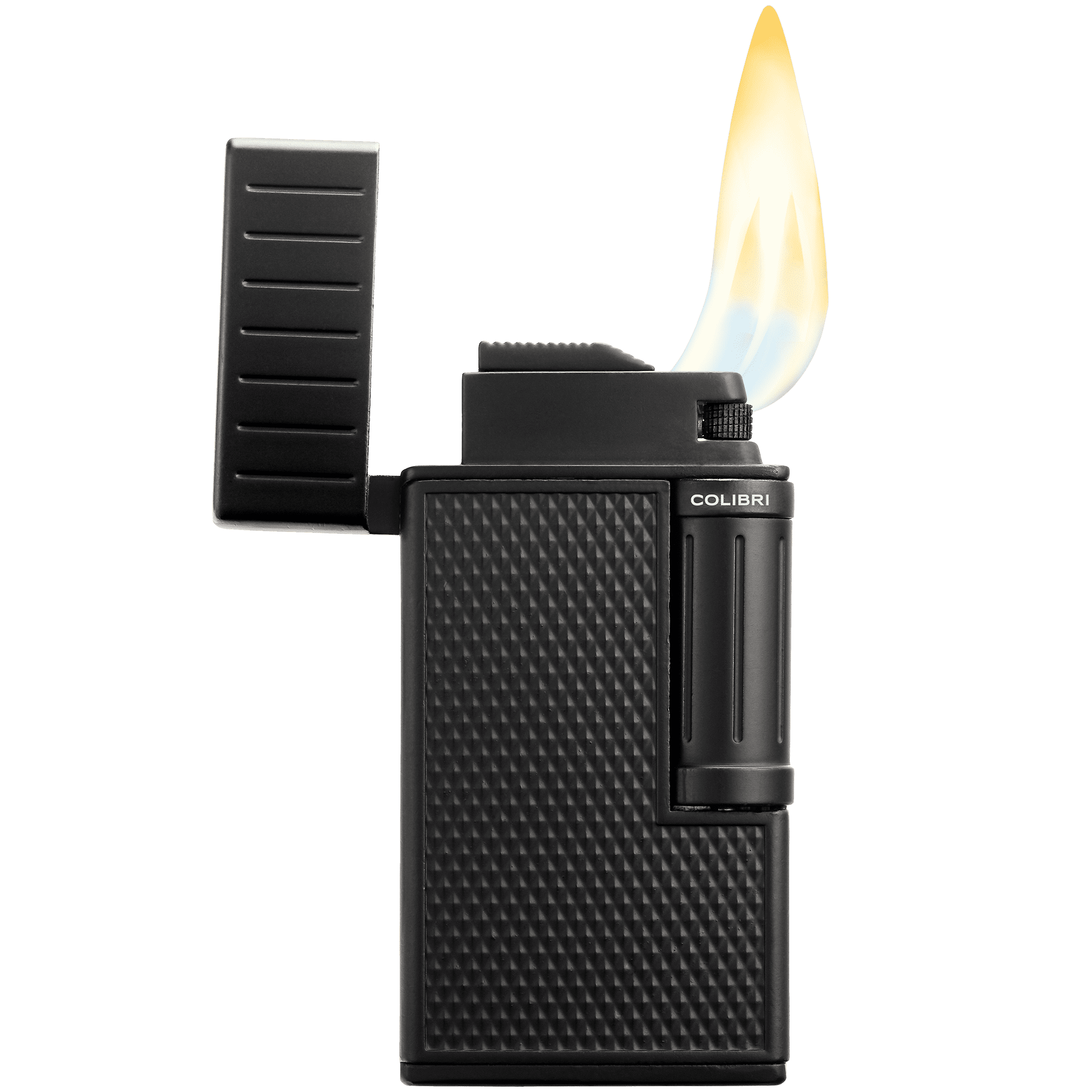 Colibri Julius Double Flame Butane Flint Cigar Lighter with Diamond-Pattern Case, Windproof & Refillable, Cigar Enthusiast's Choice with Blue Fuel Window and Adjustable Flame (Black, Black)