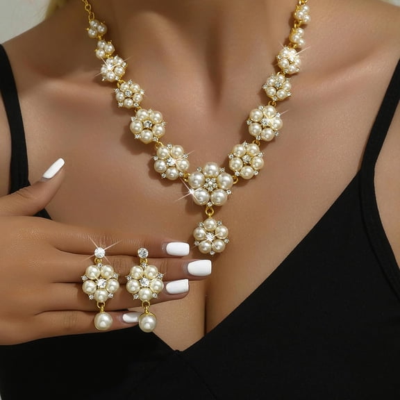 Vintage Pearl Flower Necklace and Earrings Set Rhinestone Crystal Floral Wedding Jewelry Faux Pearl Drop Dangle Earrings Prom Party Bridal Accessories for Women