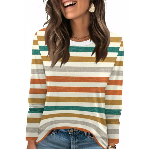Women T Shirt Round Nenk long Sleeve Casual Striped Print Tees Women Clothes Top Loose Fit