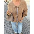 thumbnail image 1 of Cárdigan de punto con lazo para mujer, suéter informal de manga larga con cuello redondo, calado, color marrón, moda de otoño, 2024, 1 of 5