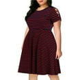 thumbnail image 3 of Aayomet Fashion Women Plus Size O-Neck Short Sleeve Stripe Cold Shoulder Mini Dress,Red XXL, 3 of 5