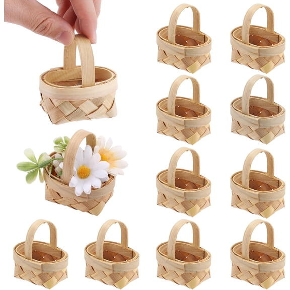 10 Pcs Mini Picnic Basket with Handle, Decor Baskets for Crafts, Wood Chip Baskets, Woven Basket for Wedding Party Favor Farmhouse Decor