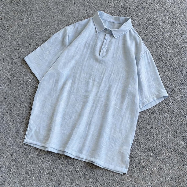 Ceisia Breathable Cotton-Linen Polo Shirt Men's Relaxed Fit Short Sleeve Solid Color Casual Top Light Blue XXL Gifts
