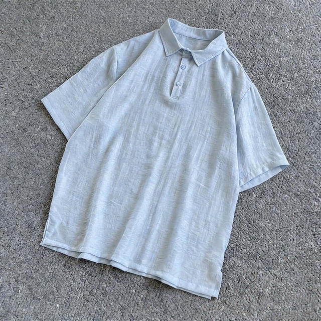 Ceisia Breathable Cotton-Linen Polo Shirt Men's Relaxed Fit Short Sleeve Solid Color Casual Top Light Blue XXL Gifts