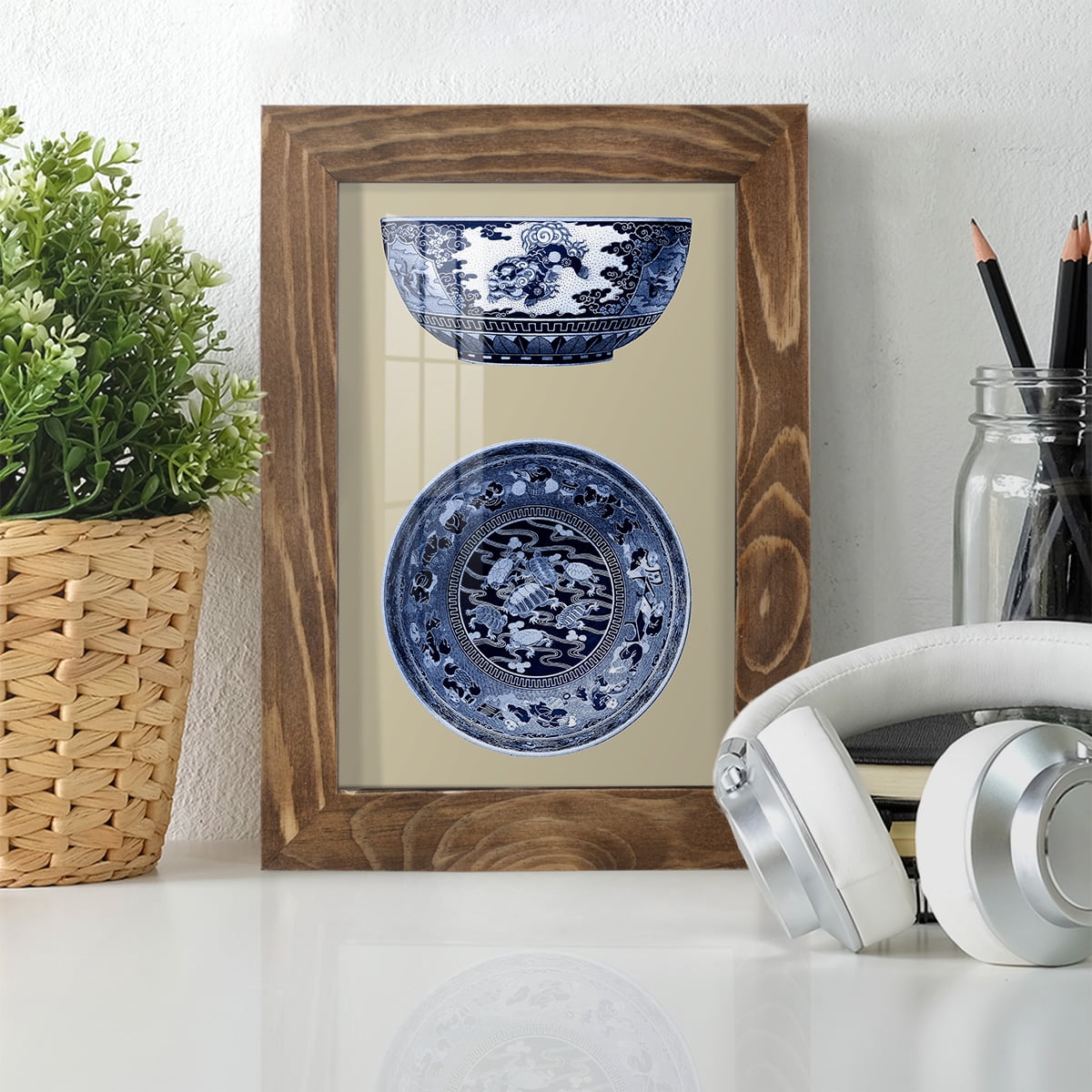 Porcelain in Blue and White I -Framed Print w/glass-Walnut
